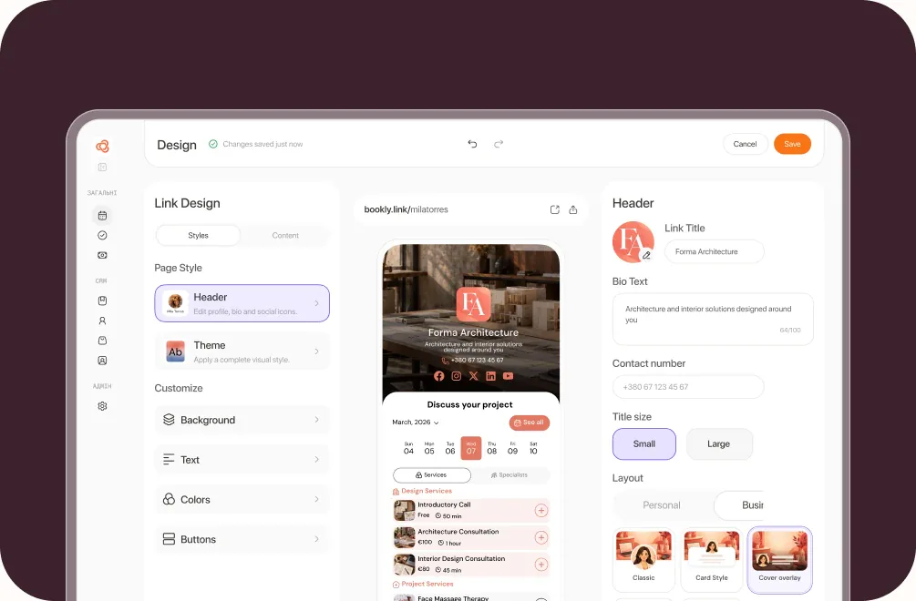 The booking page editor