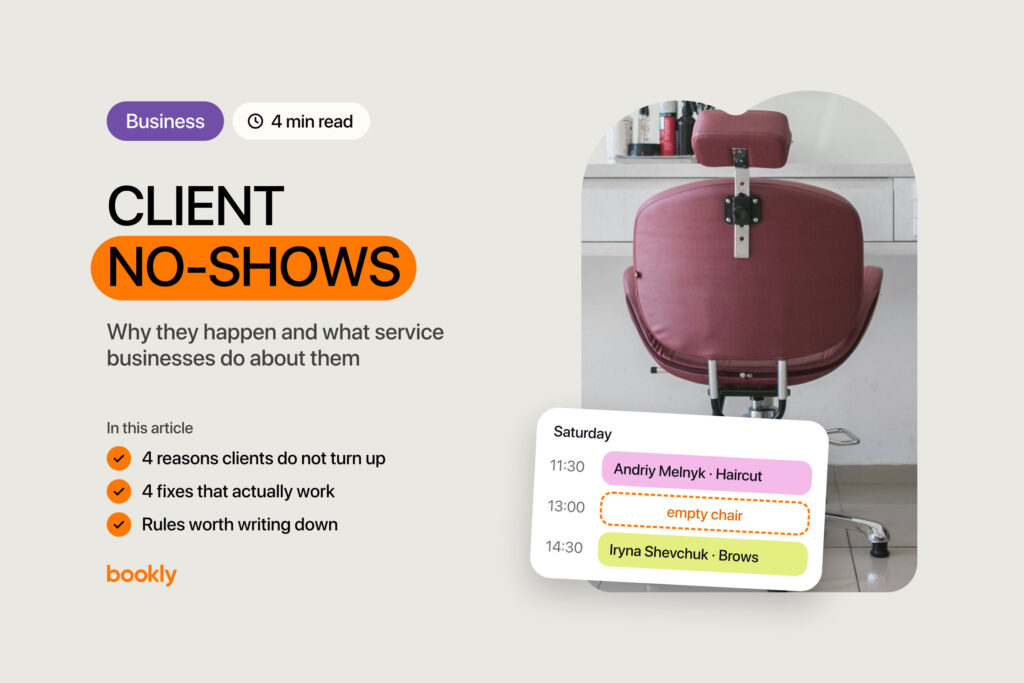 Client no-shows: why they happen and what service businesses do about them. An empty chair in a beauty salon and a calendar with an empty slot