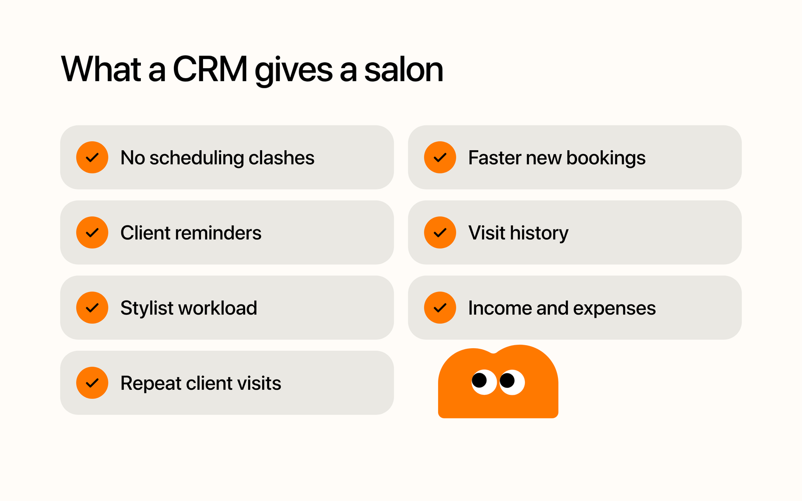 What a CRM gives a salon: no scheduling clashes, faster new bookings, client reminders, visit history, stylist workload, income and expenses, repeat client visits