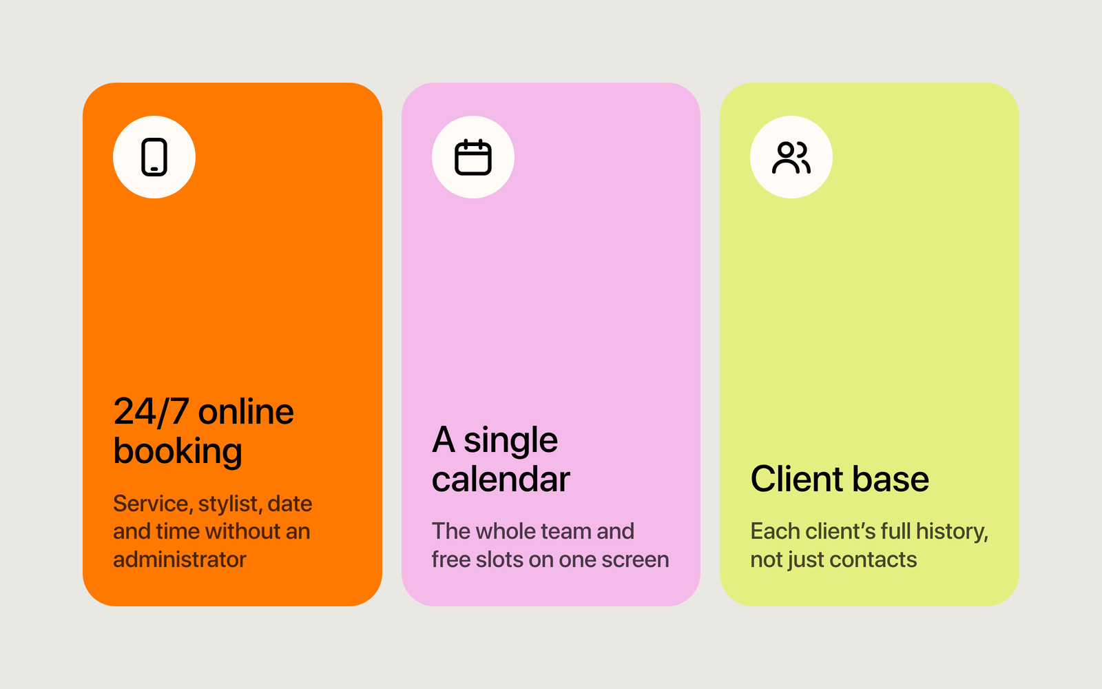 Three features of a salon CRM: 24/7 online booking without an administrator, a single calendar for the whole team, a client base with each client’s full history