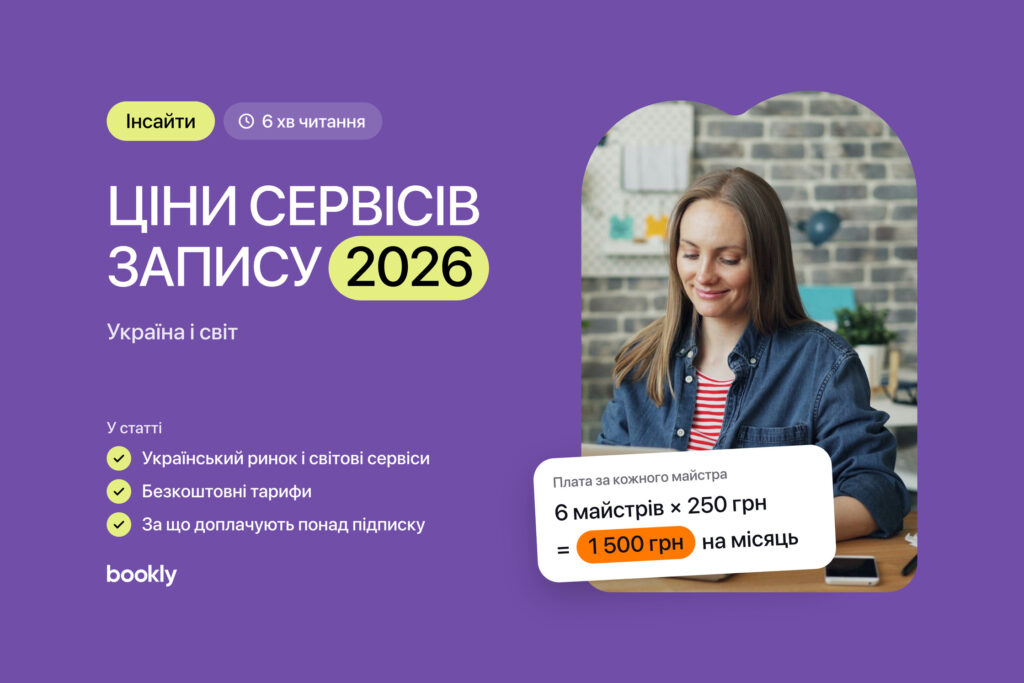 Ціни сервісів запису 2026: Україна і світ. Жінка працює за ноутбуком; картка: плата за кожного майстра, 6 майстрів × 250 грн = 1 500 грн на місяць